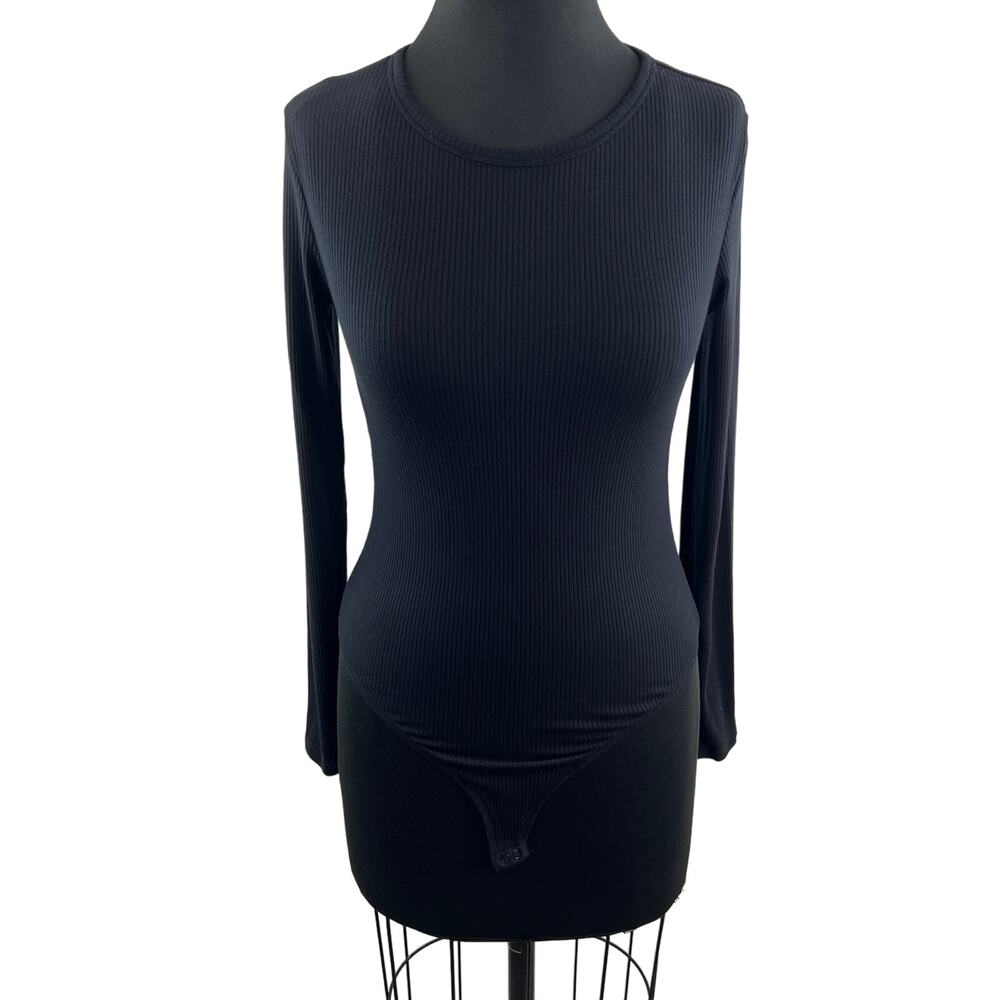 WILFRED Ribbed Long Sleeve Thong Bodysuit Black Round Neck Stretch Size S Small